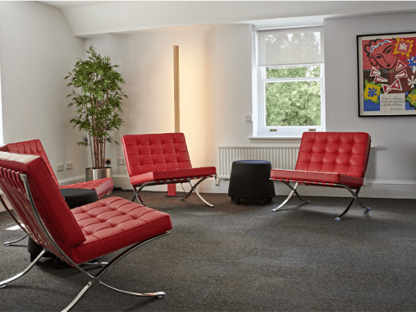 Informal breakout space in a serviced office at Fetcham Park