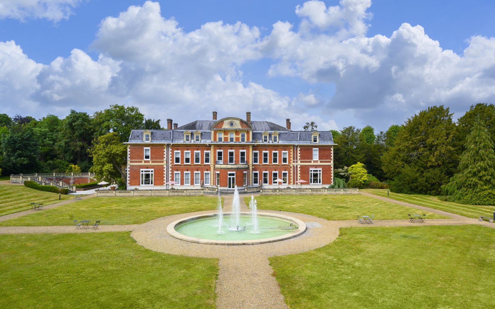 The landscaped gardens and fountains at Fetcham Park